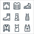 Fashion line icons. linear set. quality vector line set such as backpack, dress, jacket, dress, dress, boot, sport shoes, sweater