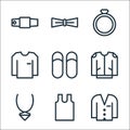 Fashion line icons. linear set. quality vector line set such as suit, vest, necklaces, jacket, slippers, shirts, ring, necktie Royalty Free Stock Photo