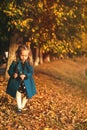 Fashion little girl in a blue coat walking at autumn park. Autumn kids fashion. People, lifestyle and autumn concept. Happy baby g Royalty Free Stock Photo