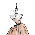 Fashion logo, symbol. Delicate beige dress on a mannequin. Silhouette. Textile. Illustration.