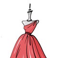 Fashion logo, symbol. Red dress on a mannequin. Silhouette. Textile industry. Illustration