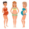 Fashion look of pregnancy woman in swimsuit, vector illustration.