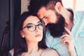 Fashion is about a look. Sensual woman and bearded man in love relations. Fashion models. Girlfriend and boyfriend in Royalty Free Stock Photo