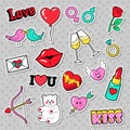 Fashion Love Badges, Patches, Stickers with Lips, Hearts, Kiss and Lipstick