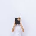 Fashion Magic Rabbit Girl in white space holds winter Christmas present box. Minimal fashion festive Christmas / New Year, Royalty Free Stock Photo