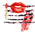 Fashion make up illustration with red lipstick,bold red lips, red smears of acrylic paint and stripes with leopard skin pattern.