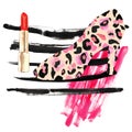 Fashion make up illustration with red lipstick, red ink stripes, pink smears of acrylic paint and lady shoes with leopard skin pat