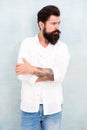 Fashion male model. Mature hipster with beard. brutal man has brunette hair. Portrait of sexy man. denim style. bearded Royalty Free Stock Photo