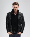 Fashion man, model leather jacket, gray background Royalty Free Stock Photo