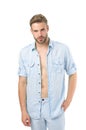 Fashion man in unbuttoned shirt isolated on white background. Real macho. Too sexy for shirt. Handsome and sensual