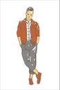 Fashion man vector illustration. Fashion man in casual brown jacket. Fashion model guy sketch