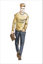 Fashion man vector illustration. Fashion man with modern hair style and casual sweater and lether handbag. Fashion model