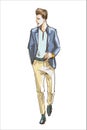 Fashion man vector illustration. Fashion man with modern haircut and light casual jacket. Fashion model guy sketch