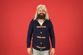 Fashion menswear shop. Masculine clothes concept. Winter menswear. Clothes design. Man bearded stand warm jumper and hat