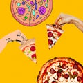 Fashion mimimal illustration. mixed photo and sketch. Pizza lover, junk food concept