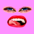 Fashion Minimal art collage. Emotions Licking mouth and eyes. Fun art