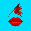Contemporary art collage. Cosmetics and perfume concept. Red lips and flower.