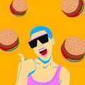 Fashion minimal illustration. Emotional stylish girl burger lover concept