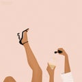 Fashion minimal trendy female illustration. Fine art for posters. Modern young woman. Glass of wine.