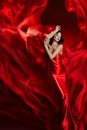 Fashion Model Art Dress, Woman Dancing in Red Waving Fabric