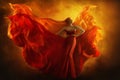 Fashion model art fantasy fire dress, blindfolded woman dreams