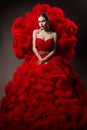 Fashion Model art Red Dress, Woman Beauty portrait, Beautiful Queen in Waves Gown