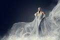 Fashion Model Beauty Dress, Waving Silver Cloth Gown, Woman Royalty Free Stock Photo
