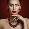 Fashion Model Beauty Makeup, Red Stone Jewelry, Retro Woman Royalty Free Stock Photo