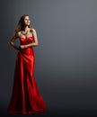 Fashion Model Beauty, Woman in Red Dress Full Length Portrait, Long Silk Evening Gown Royalty Free Stock Photo