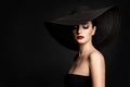 Fashion Model Black Hat, Elegant Woman Beauty Retro Portrait, Wide Broad Brim Hat Royalty Free Stock Photo