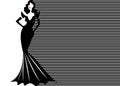 Fashion model in black and white striped background, woman in glamour long black dress vogue style. Vector banner template