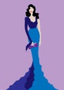 Fashion model in blue beauty dress, sexy woman posing evening gown. Shop logo silhouette diva beautiful luxury cover girl retro