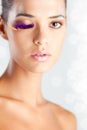 Fashion model with fake eyelashes made of feather glittery lips abstract makeup Royalty Free Stock Photo