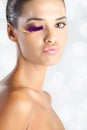 Fashion model with fake eyelashes made of feather glittery lips pout look Royalty Free Stock Photo