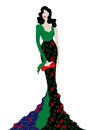 Fashion model in floral beauty dress, sexy woman posing evening gown. Shop logo silhouette diva beautiful luxury cover girl retro