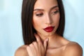 Fashion Model Girl With Beauty Face, Beautiful Makeup, Red Lips Royalty Free Stock Photo