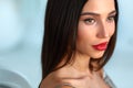 Fashion Model Girl With Beauty Face, Beautiful Makeup, Red Lips Royalty Free Stock Photo