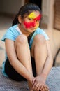 Fashion Model Girl colorful face paint. Beauty fashion art portrait of beautiful woman girl with flowing liquid paint holi, Royalty Free Stock Photo