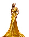 Fashion Model Gold Dress, Woman Full Length Portrait in Golden Yellow Long Gown on White Royalty Free Stock Photo