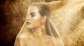 Fashion Model Gold Veil Beauty, Woman under Golden Cloth Net, Beautiful Girl Portrait