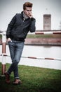 Fashion model guy portrait outdoors Royalty Free Stock Photo