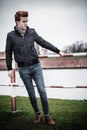 Fashion model guy portrait outdoors Royalty Free Stock Photo