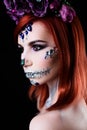 Fashion model with halloween skull makeup with glitter and rhinestones Royalty Free Stock Photo