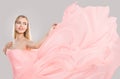 Fashion Model Pink Flying Waving Silk Fabric, Woman Beauty Portrait Royalty Free Stock Photo