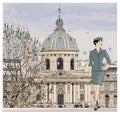 Fashion model posing on famous pont des arts crossing the Seine river in Paris