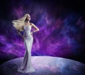 Fashion Model Posing Long Dress, Woman Hair Waving Wind Royalty Free Stock Photo