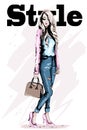 Fashion model posing. Stylish beautiful young woman with bag. Hand drawn blond hair woman. Sketch. Royalty Free Stock Photo