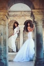 Fashion model or princess in dress. Wedding fashion and beauty salon. Bride girls at wedding ceremony in castle. Sexy