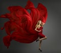 Fashion Model Red Dress, Woman Dancing in Flying Fabric Gown Royalty Free Stock Photo