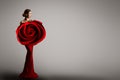 Fashion Model Rose Flower Dress, Elegant Woman Red Art Gown, Beauty Portrait Royalty Free Stock Photo